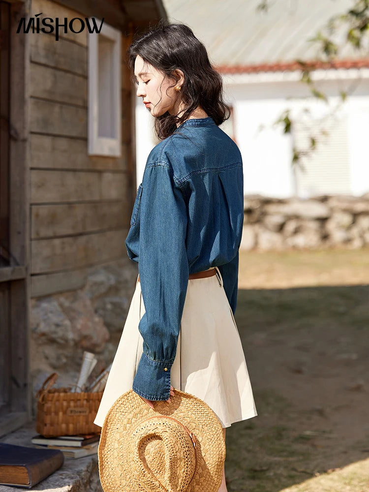 MISHOW 100% Cotton Denim Shirt O-Neck Loose Fit MXE12C0384