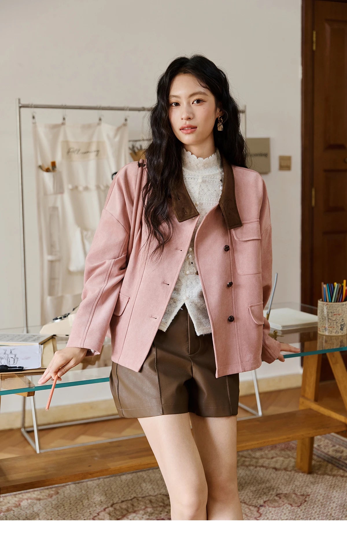 MISHOW Pink Coffee Suede Jacket Stand Collar Contrast Color MXE48W0851