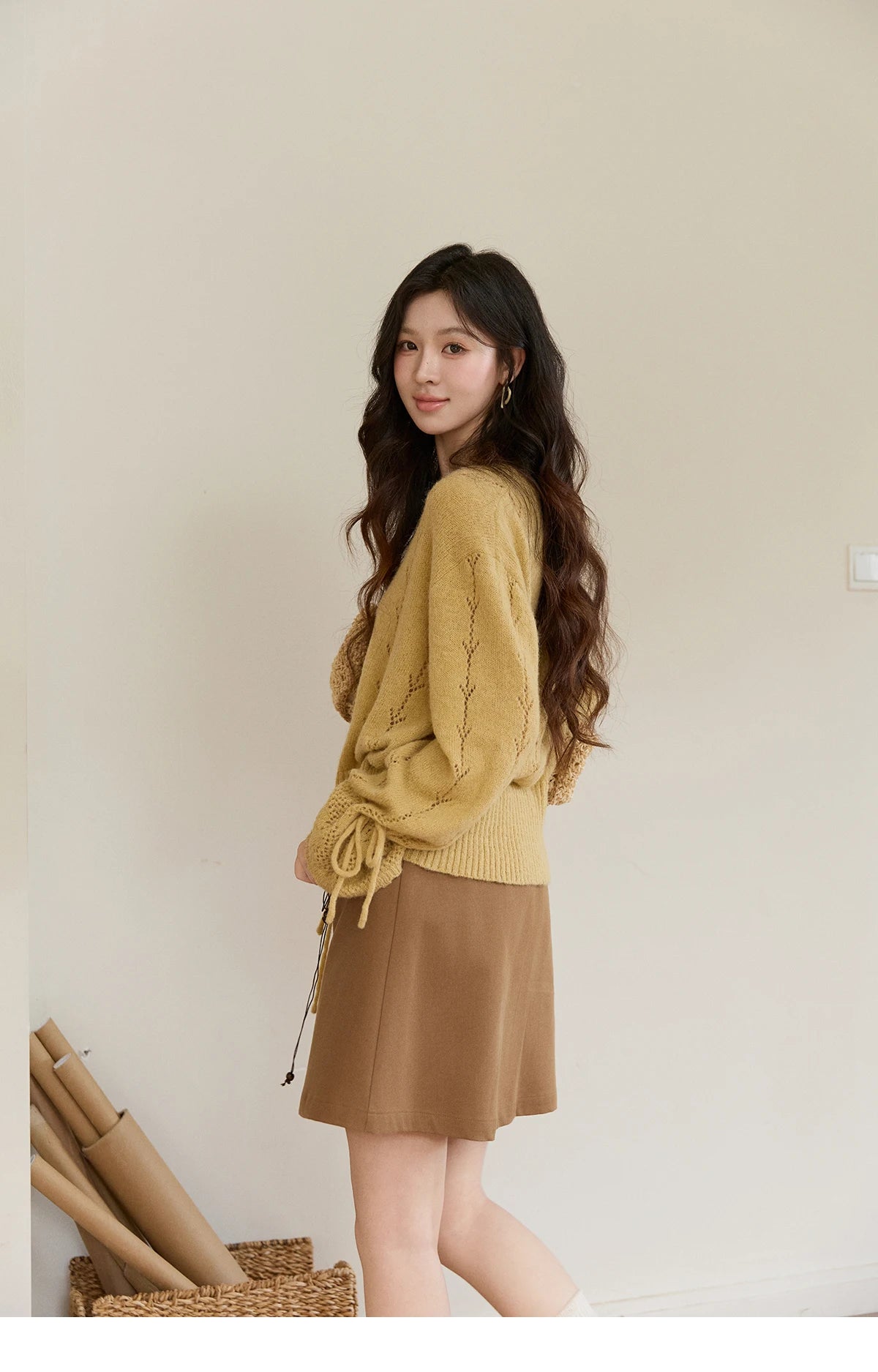 Mishow Yellow Hollow V-Neck Drawstring Cardigan MXF108Z1022