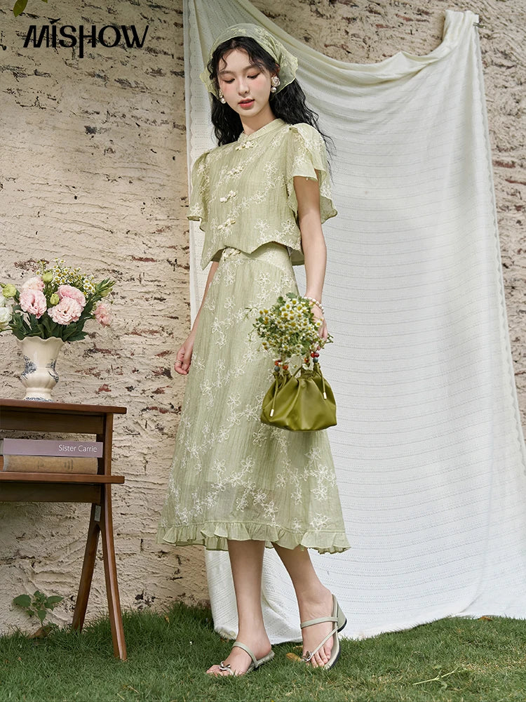 Mishow Chinese Green Stand Collar Top & Selvedge Skirt Set MXD22X1388