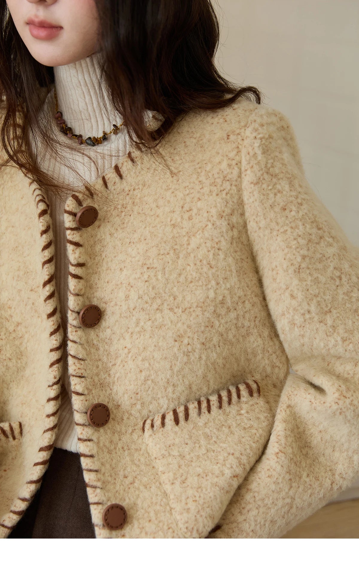 Mishow Apricot Round Neck Wool Blend Coat MXE88W0885