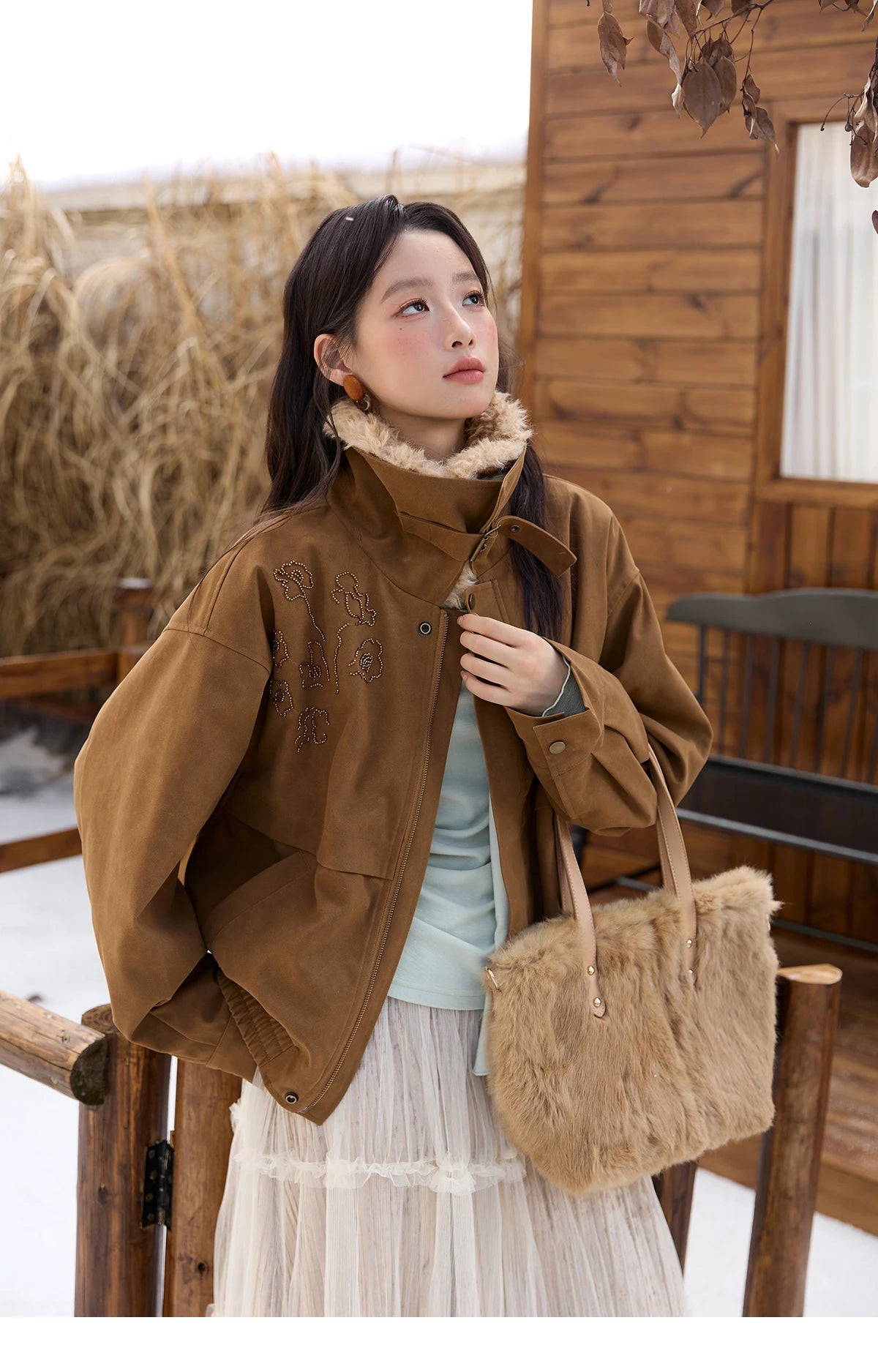 MISHOW Brown Suede Jacket Detachable Fur Collar Zipper MXE51W0876