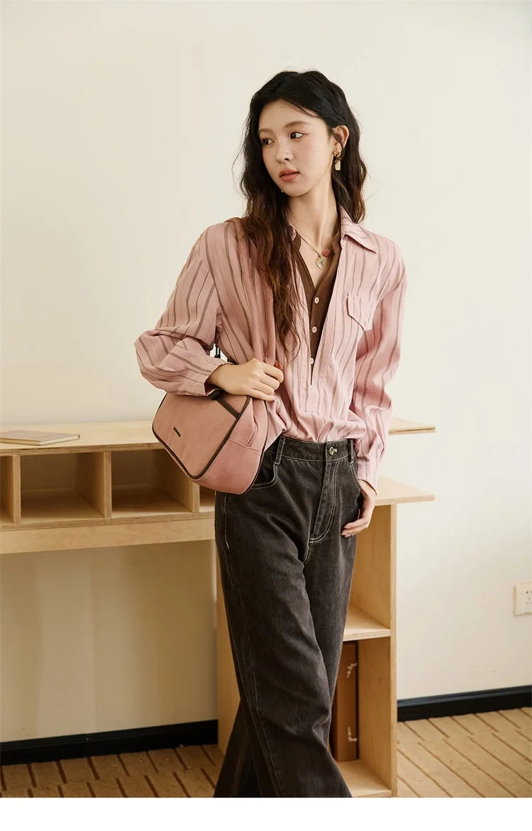 MISHOW Peach Skin Velvet Stripe Shirt Double Layered Collar MXE47C2408