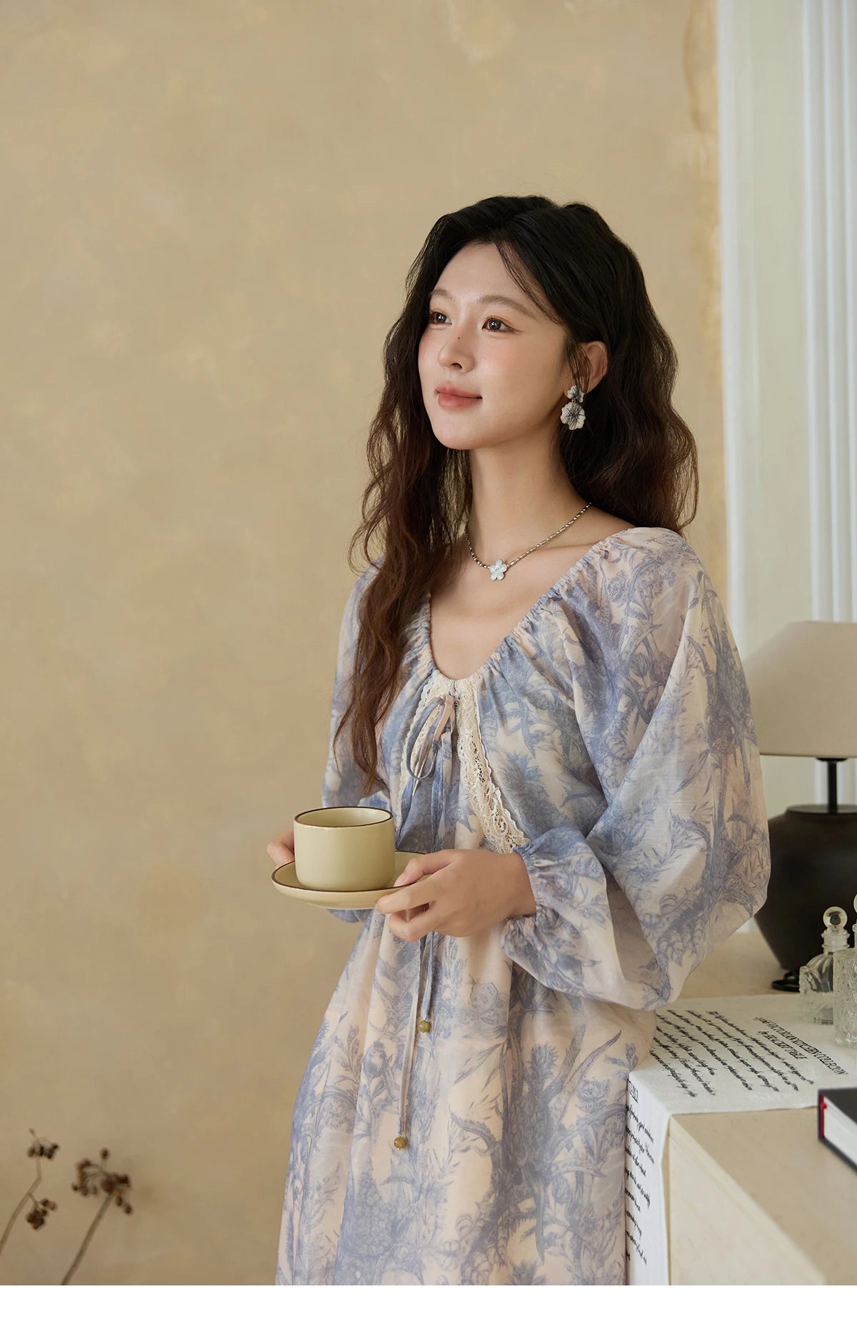 Mishow Blue Floral Lace Panel Drawstring Dress MXE45L2507