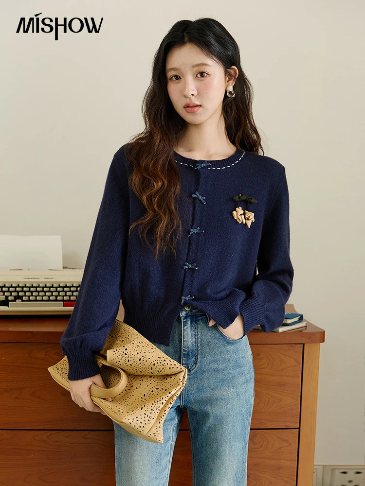 Mishow Bow Placket Lantern Sleeve Cardigan with Brooch MXE45Z1377