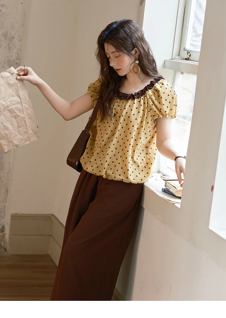 Mishow Polka Dot Puff Sleeve Top & Wide Leg Pants Set MXE39T0657