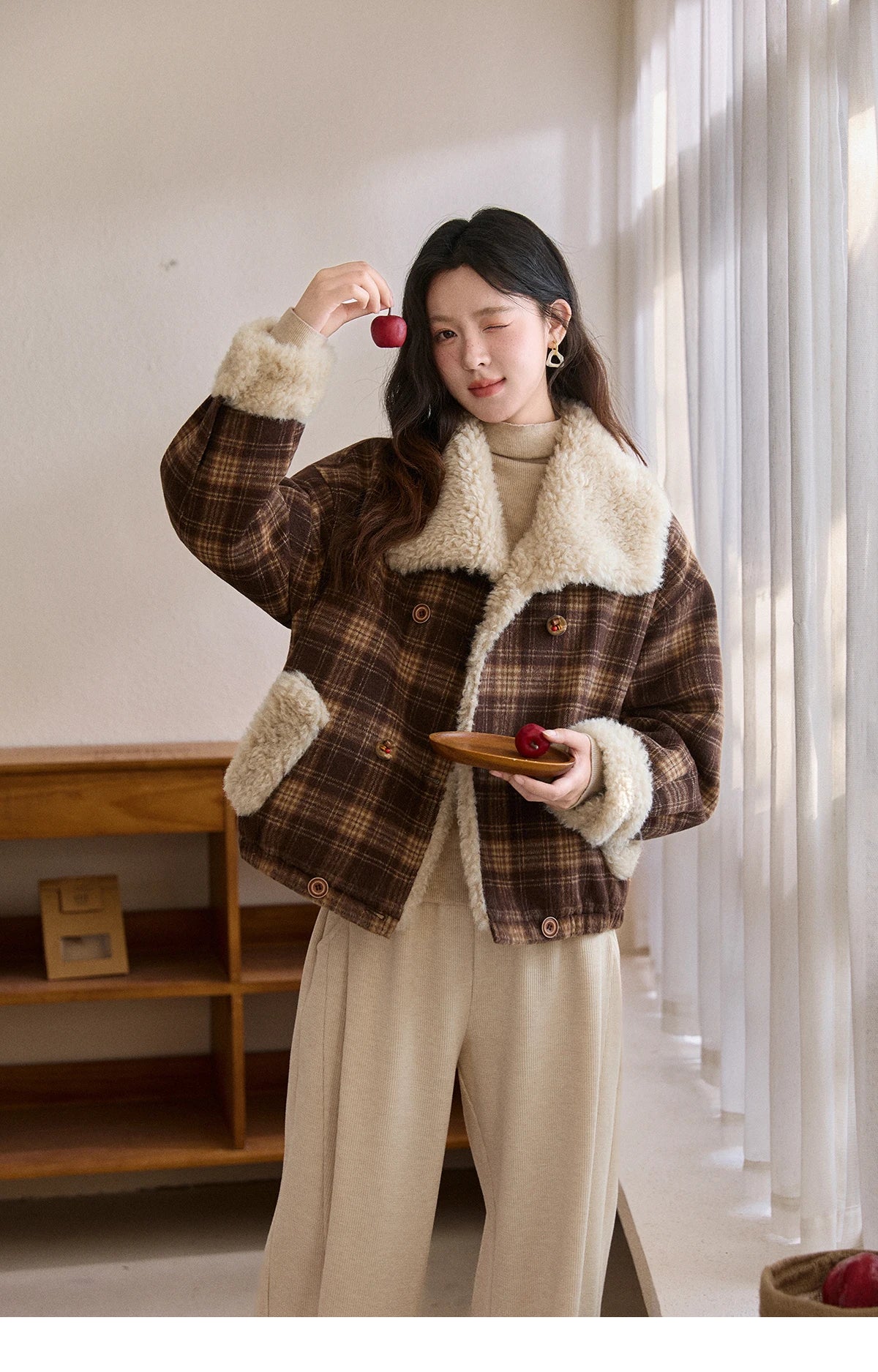 Mishow Retro Plaid Large Lapel Padded Jacket MXE87W1004