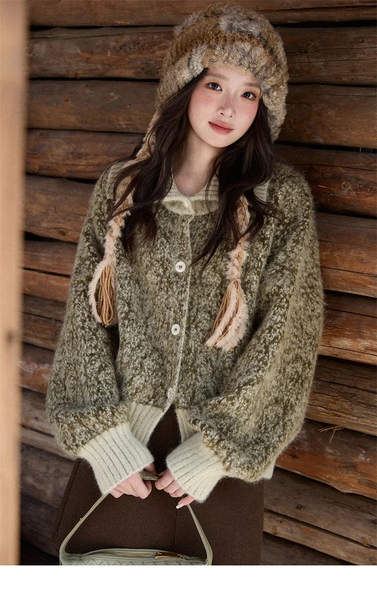 Mishow Green Retro Mottled Stand Collar Cardigan MXE90Z2787