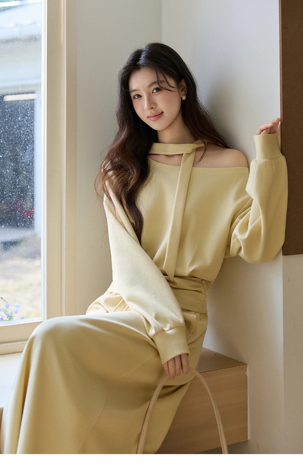 Mishow Light Yellow Off-Shoulder Top & Rear Fork Midi Skirt Set MXE11T1489