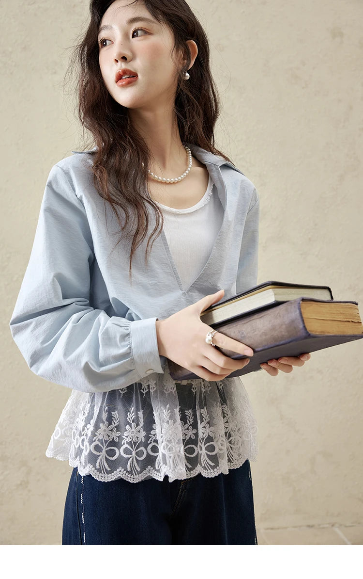 MISHOW French Fake Two-Piece Blouse Turn-Down Collar Lace Splicing MXE16C0783