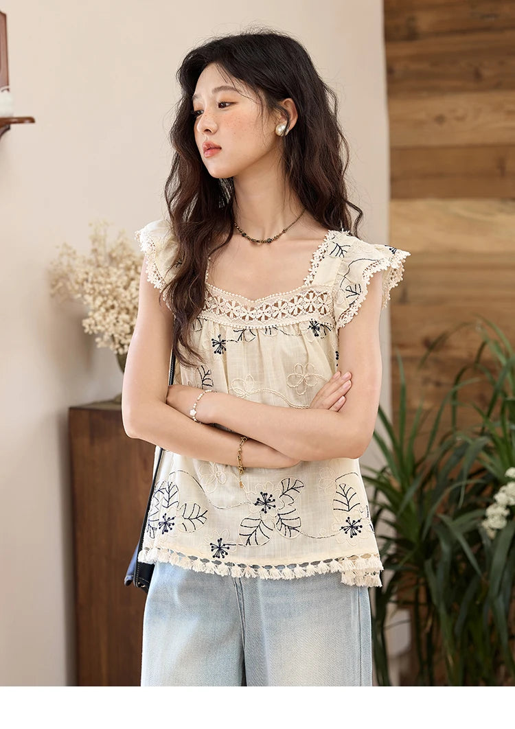 MISHOW Square Collar Embroidered Doll Blouse Flying Sleeve Lace Tassel MXE35X1839