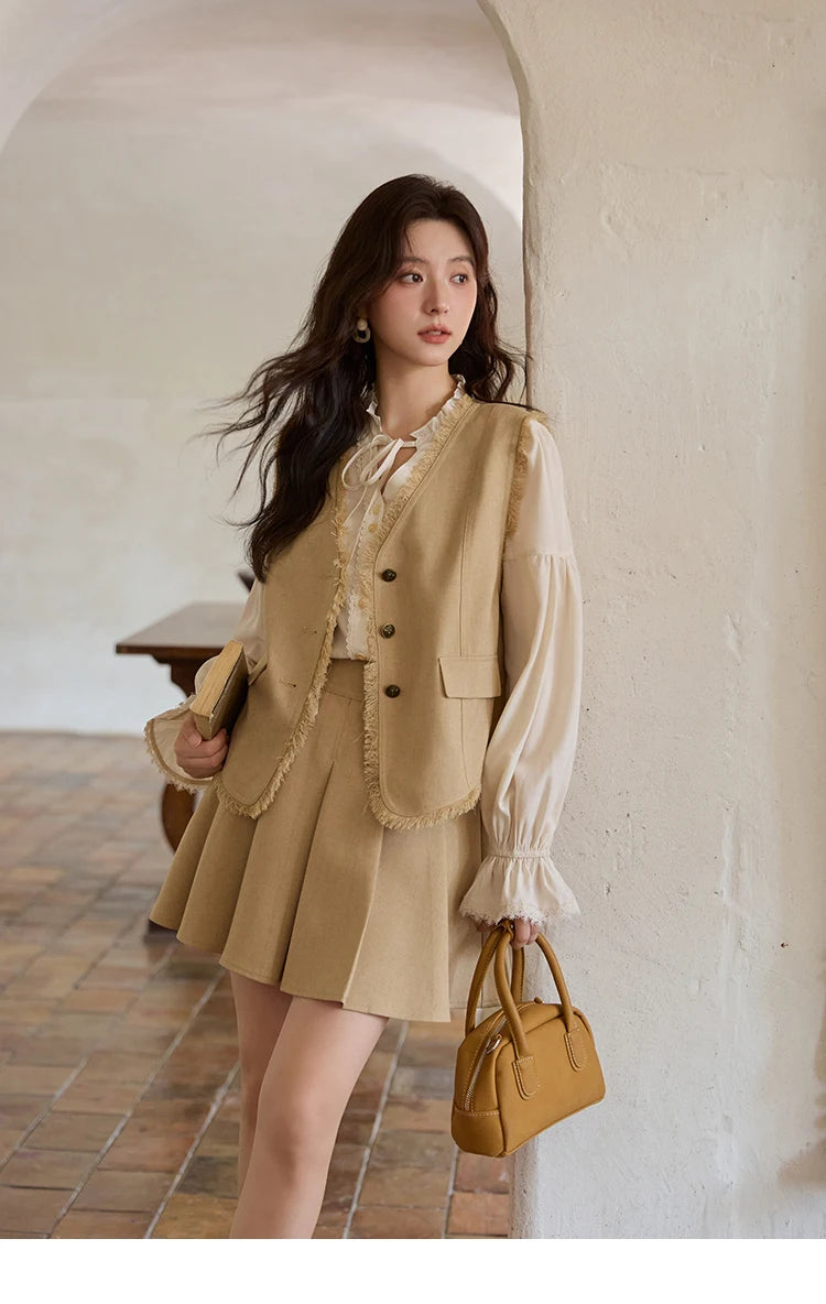 Mishow Khaki Selvedge Vest & Pleated Skirt Set MXE41T0690