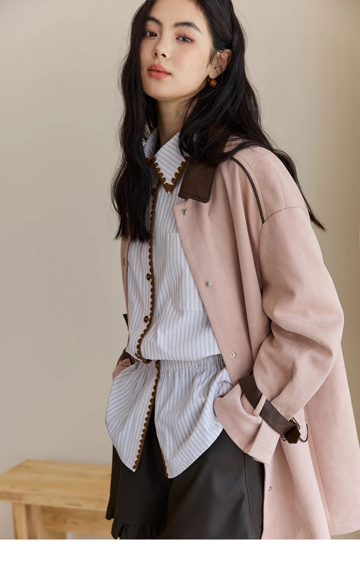 MISHOW Pink Mid-Length Jacket Turn-Down Collar Button Spliced MXE45W0845