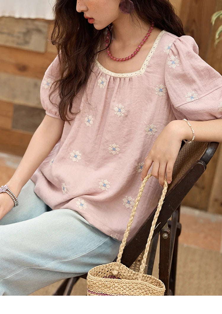 MISHOW Pink Embroidered Linen Blouse Square Collar Lace Patchwork MXE35X1834