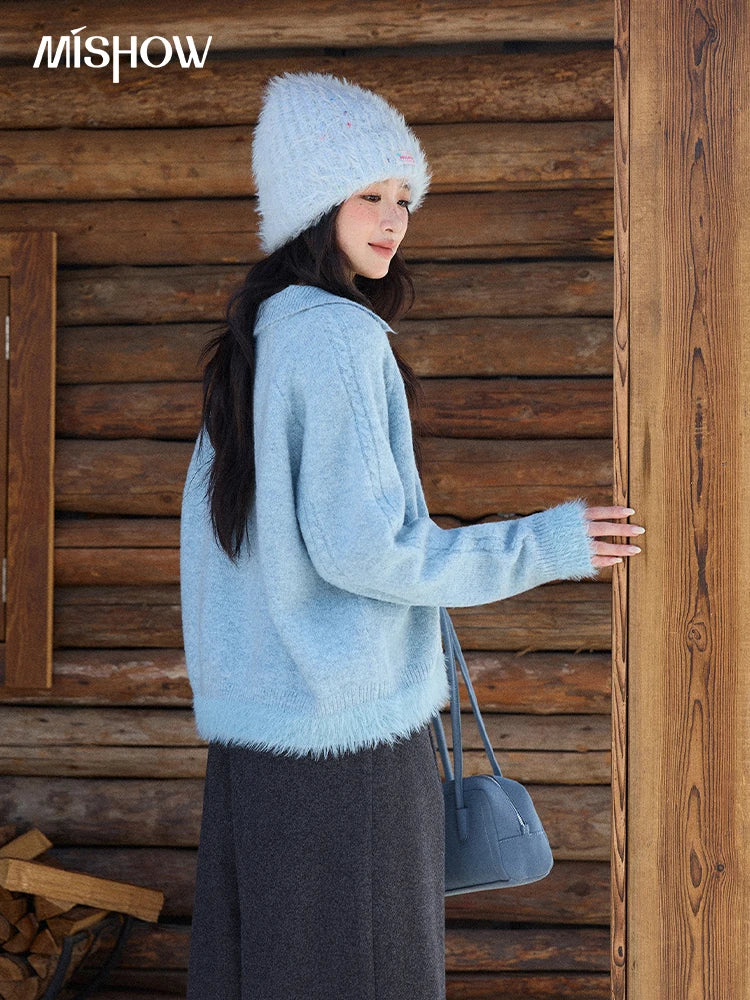 Mishow Blue Polo Collar Cable Faux Mink Pullover MXE88Z2756