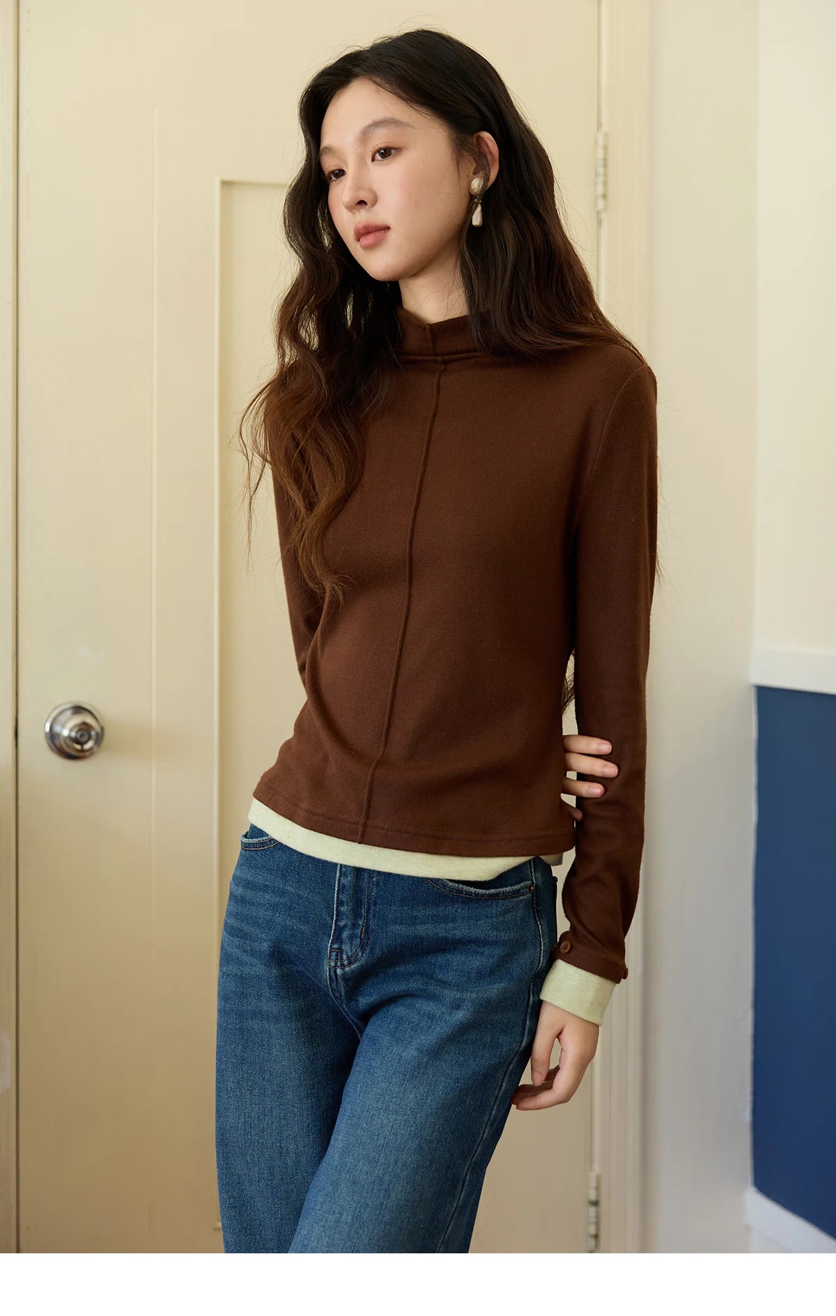 Mishow Apricot Stand Collar Slim Top with Detachable Cuffs MXE49Z2532