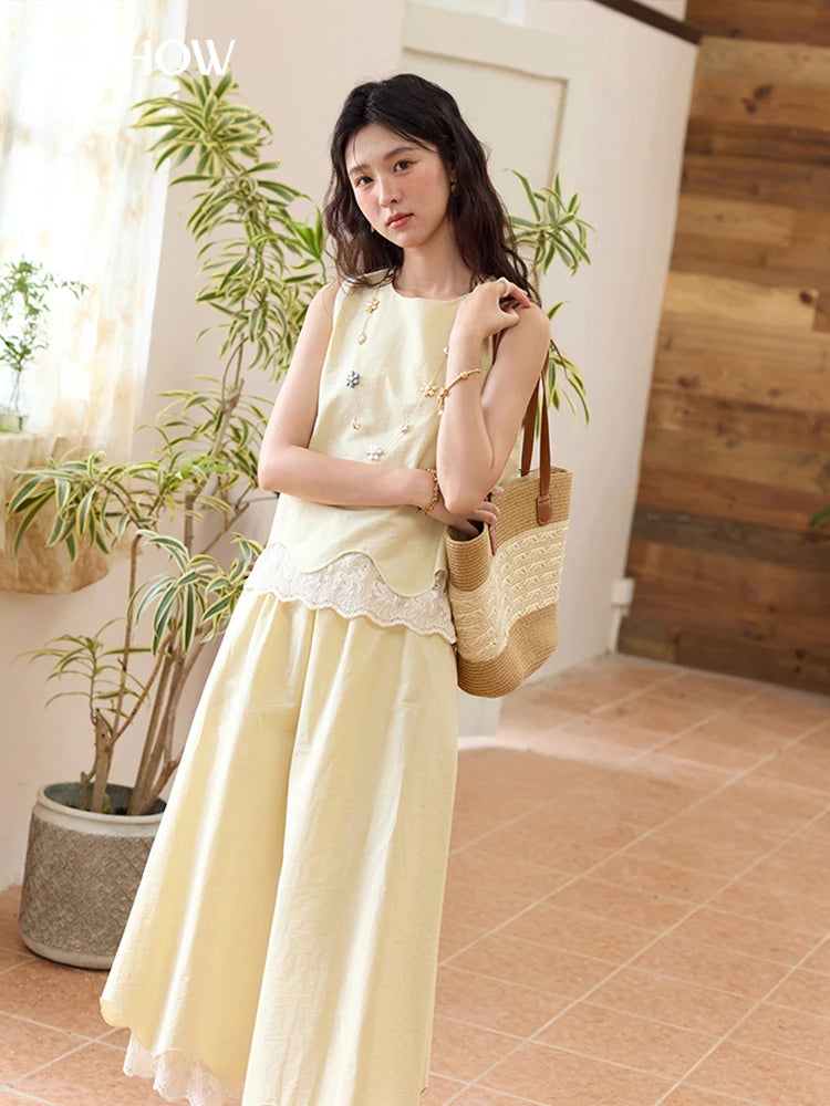 Mishow O-Neck Lace Patchwork Top & Elastic Waist Midi Skirt Set MXE36T0641