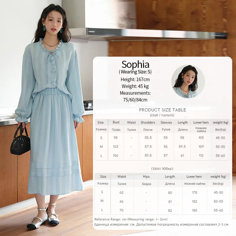 Mishow Light Blue Linen V-Neck Lace-Up Shirt & Elastic Skirt Set MXE41T0700