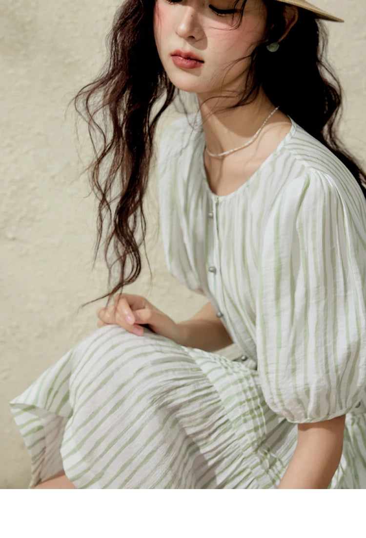 MISHOW French Green Striped Puff Sleeve Dress MXE15L2141