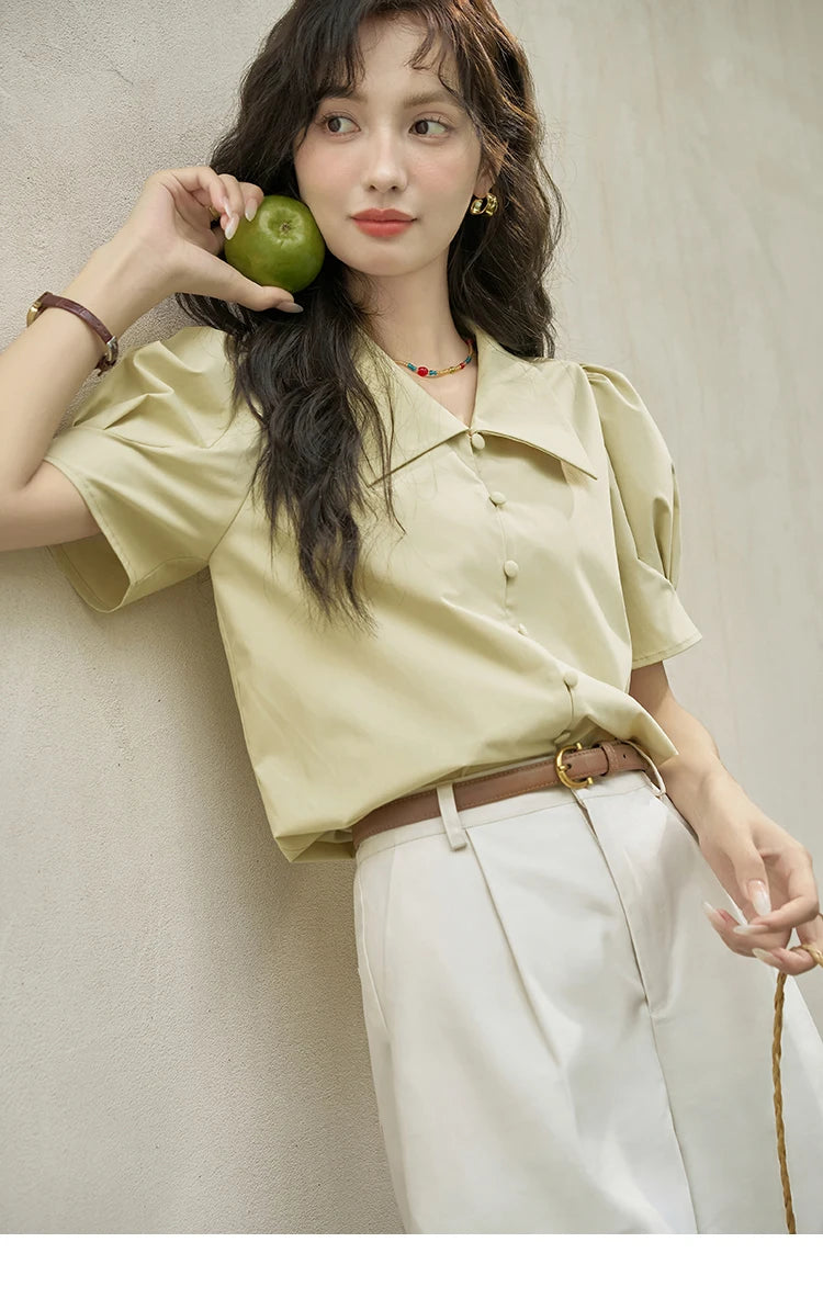 MISHOW Bubble Sleeve V-Neck Shirt Lapel Collar Loose MXD28X1471