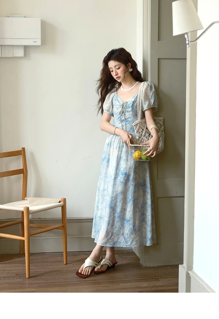 Mishow V-Neck Lace-Up Puff Sleeve Flower Dress MXE38L2379