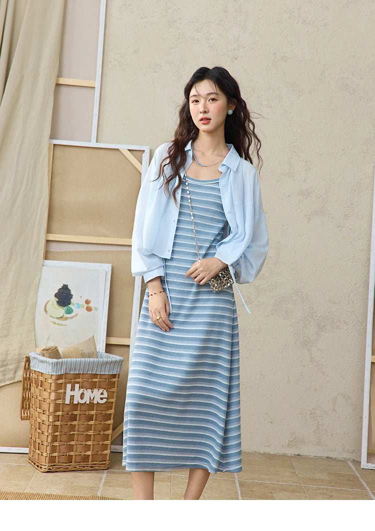 Mishow Blue Striped Camisole Dress & Lyocell Shirt Set MXE34L2285
