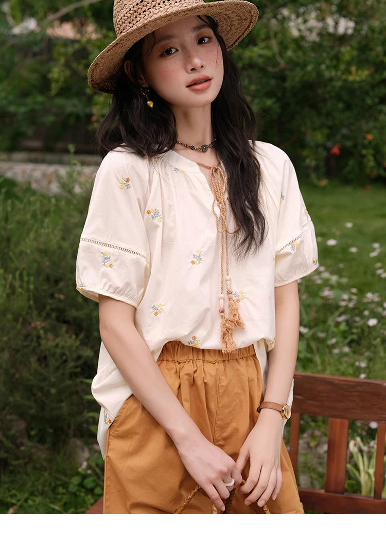 Mishow Puff Sleeve Lace-Up Top & Elastic Waist Shorts Set MXE38T0684