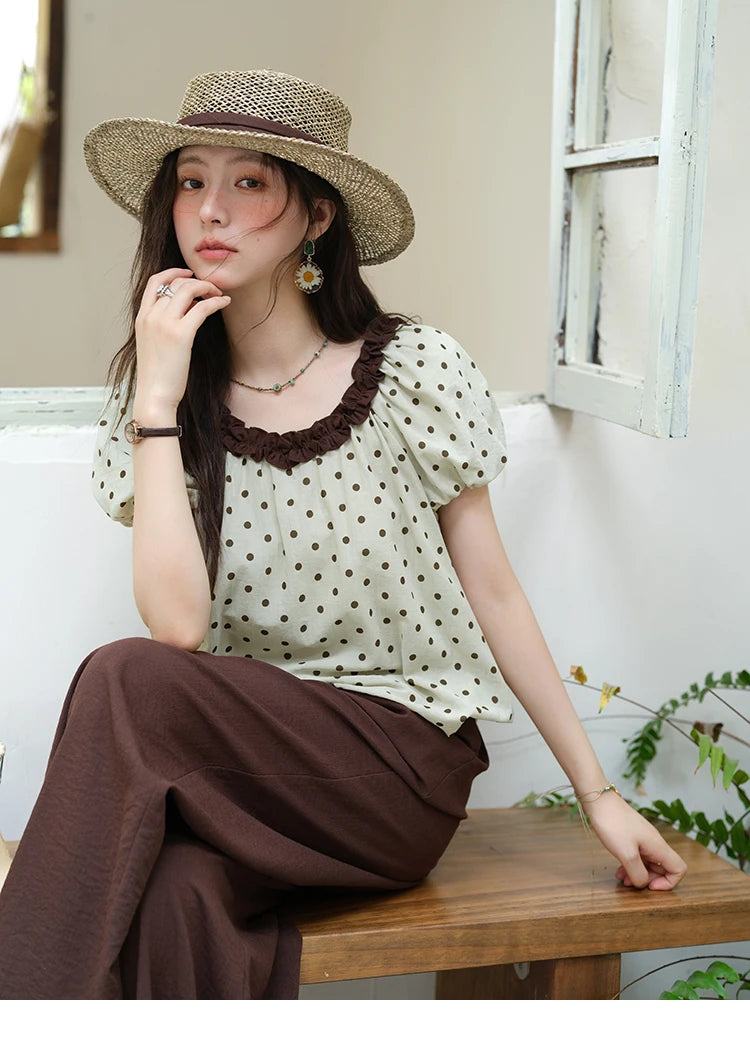 Mishow Polka Dot Puff Sleeve Top & Wide Leg Pants Set MXE39T0657