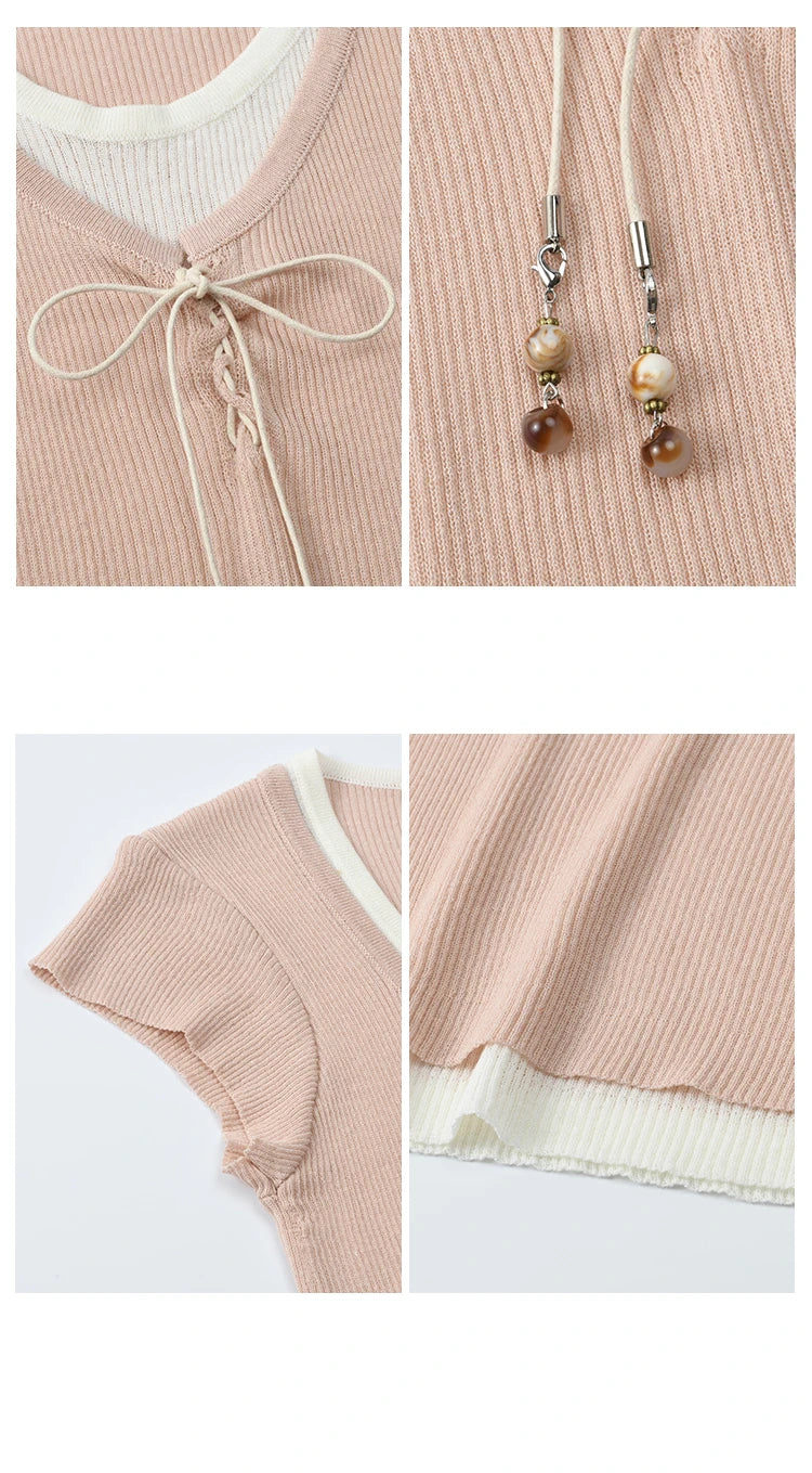 Mishow Round Neck Patchwork Flying Sleeve Lace Up Top MXE37Z1278
