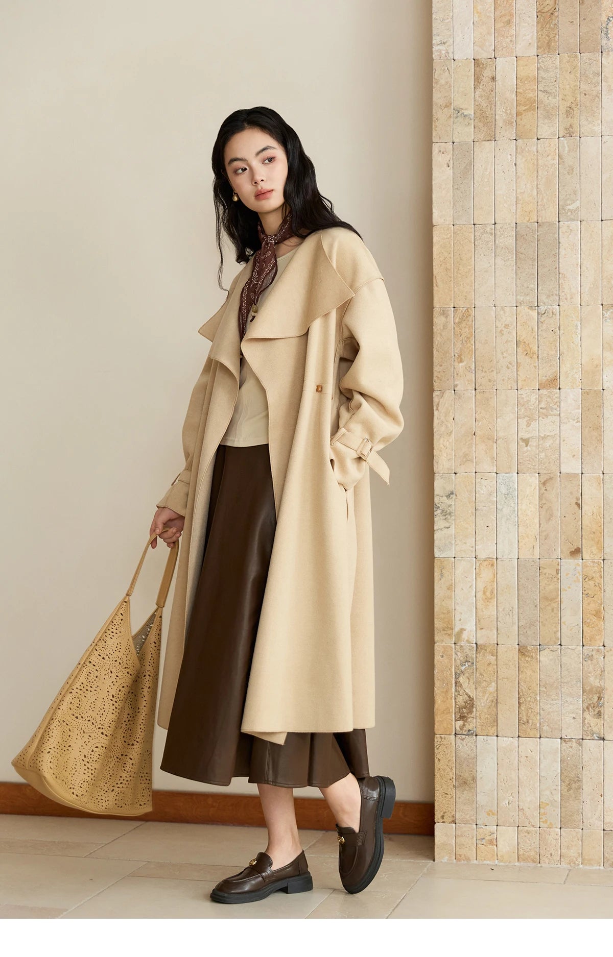 Mishow Drawstring Waist Large Lapel Mid-Length Woolen Coat MXE45W0841
