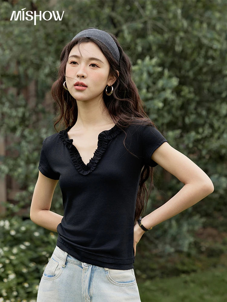 Mishow V-Neck Solid Straight Shoulder Tee MXE35T0562