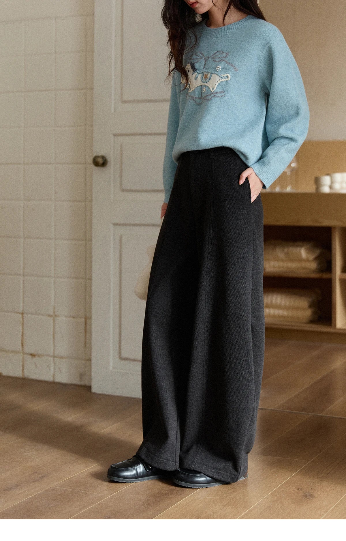 MISHOW Gray Woolen Wide-Leg Pants High Waist Draped Elastic MXE93K1143