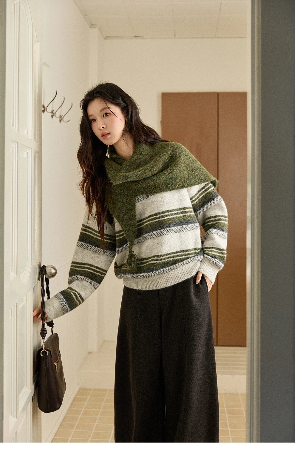 Mishow Wool Blend Retro Striped Sweater with Scarf MXE94Z2987