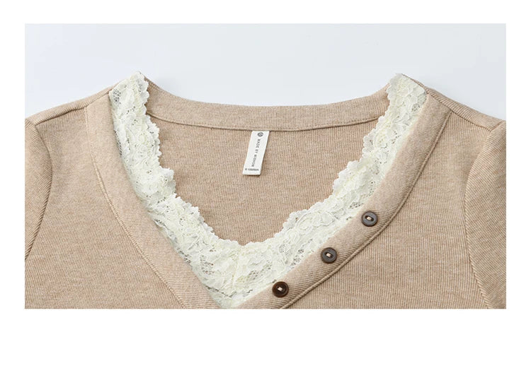 Mishow V-Neck Lace Trim Knit Top MXE86Z2673