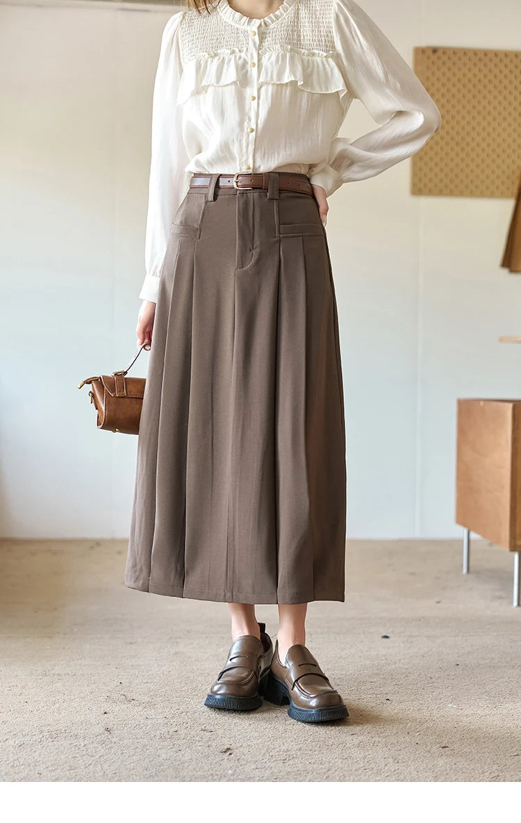 MISHOW Pleated Midi Skirt A-LINE Pockets Split Back Hem MXC42B0118