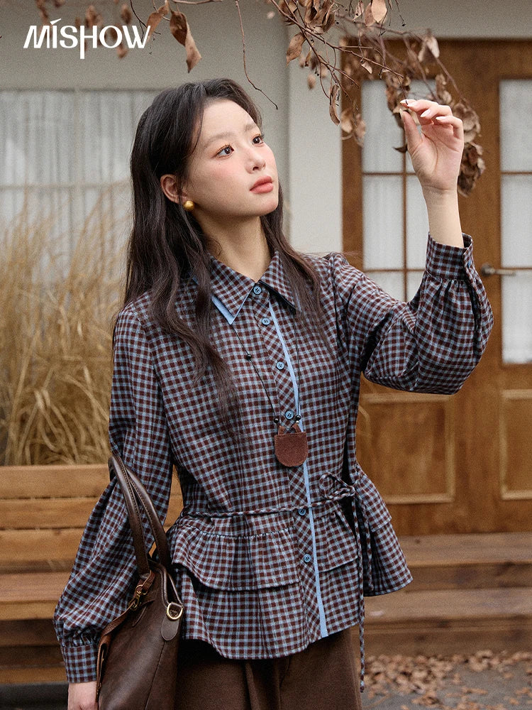 MISHOW Blue Plaid Shirt Lantern Sleeves Ruffled Hem MXE89C2420