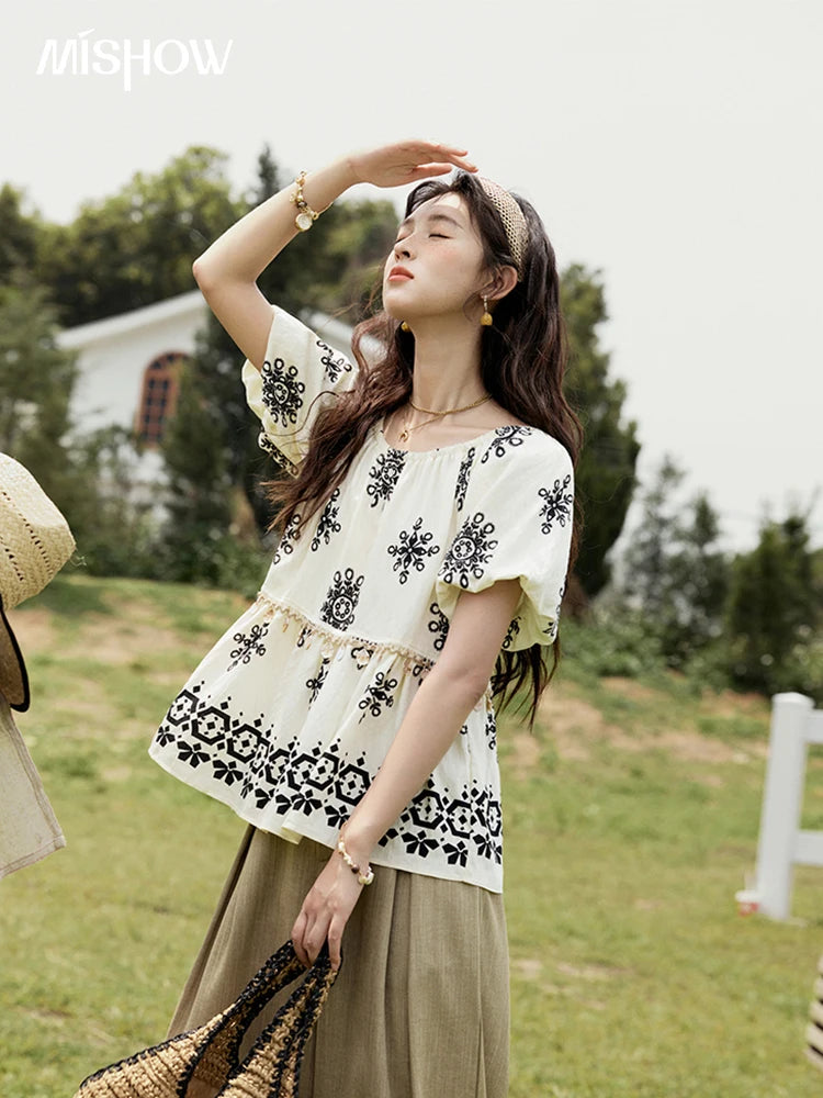 MISHOW Bohemian Print Blouse Short Puff Sleeve Square Collar Shell Ribbon MXE35X1817