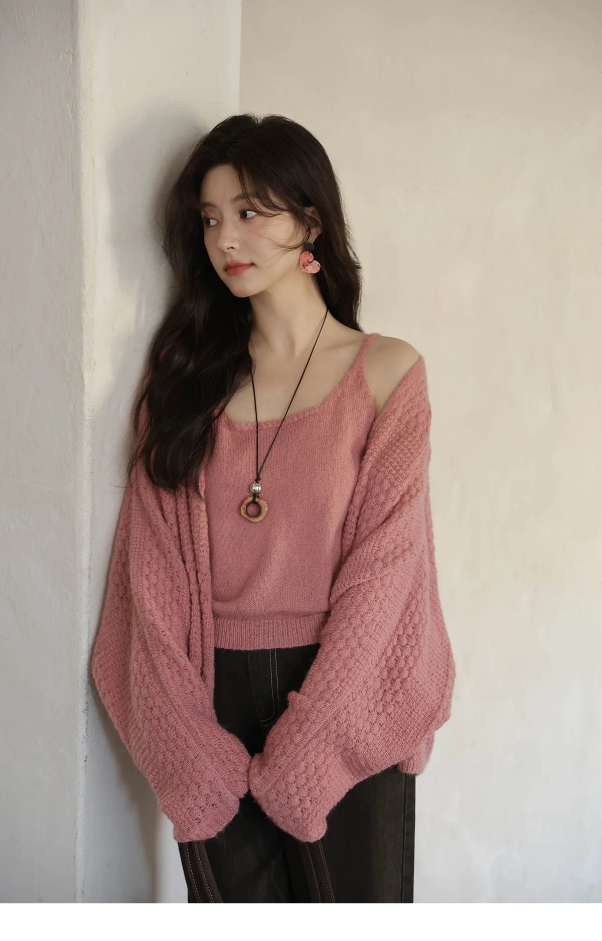 Mishow Pink Long Sleeves Cardigan with Vest Set MXE44T0737