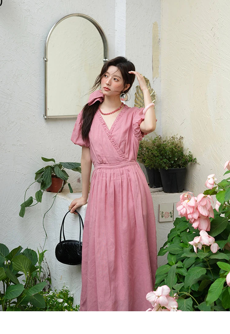 Mishow V-Neck Puff Sleeve Pocket Sash Dress MXE39L2381