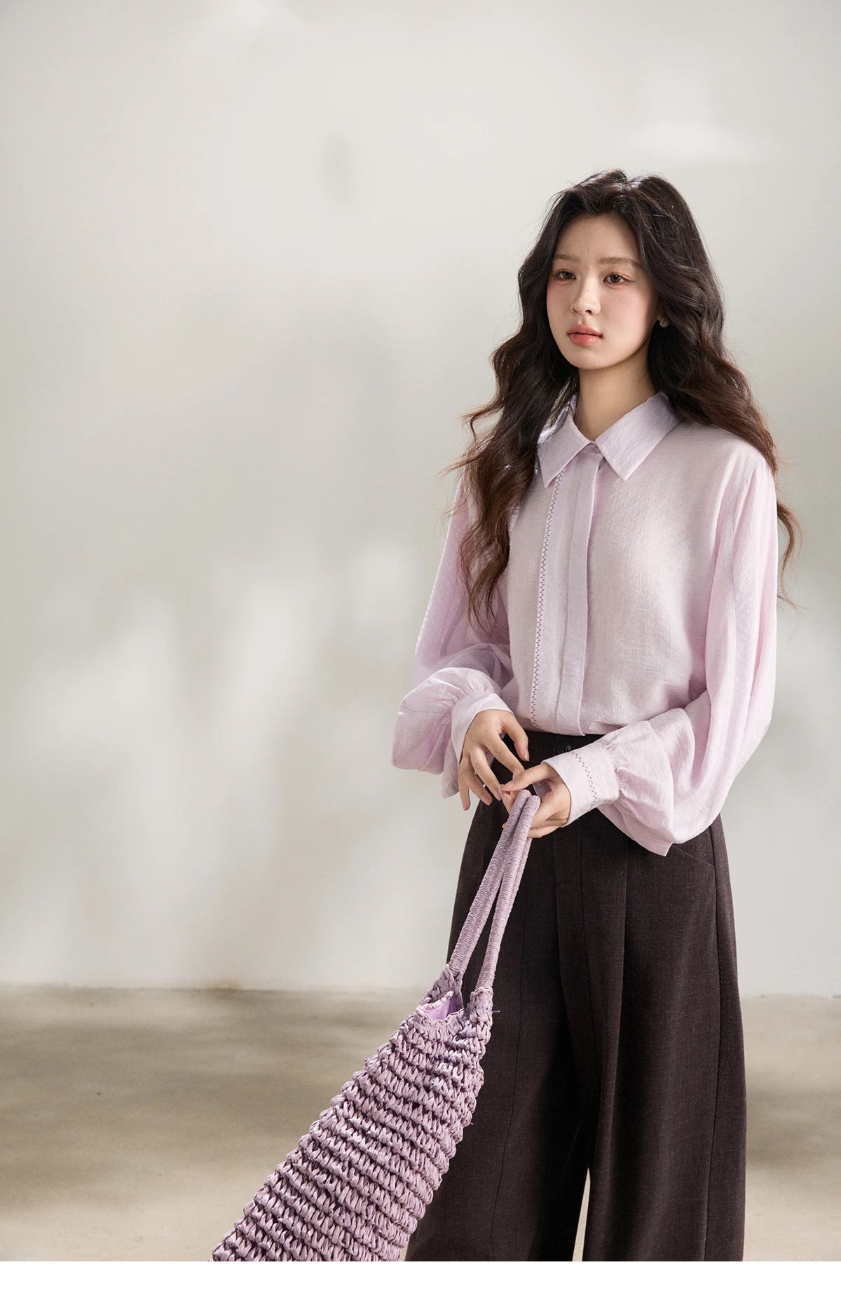 MISHOW Lapel Lantern Sleeve Shirt Lace Trim Loose MXF13C2436
