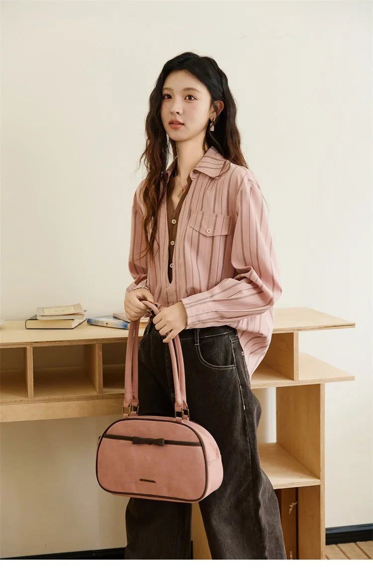 MISHOW Peach Skin Velvet Stripe Shirt Double Layered Collar MXE47C2408