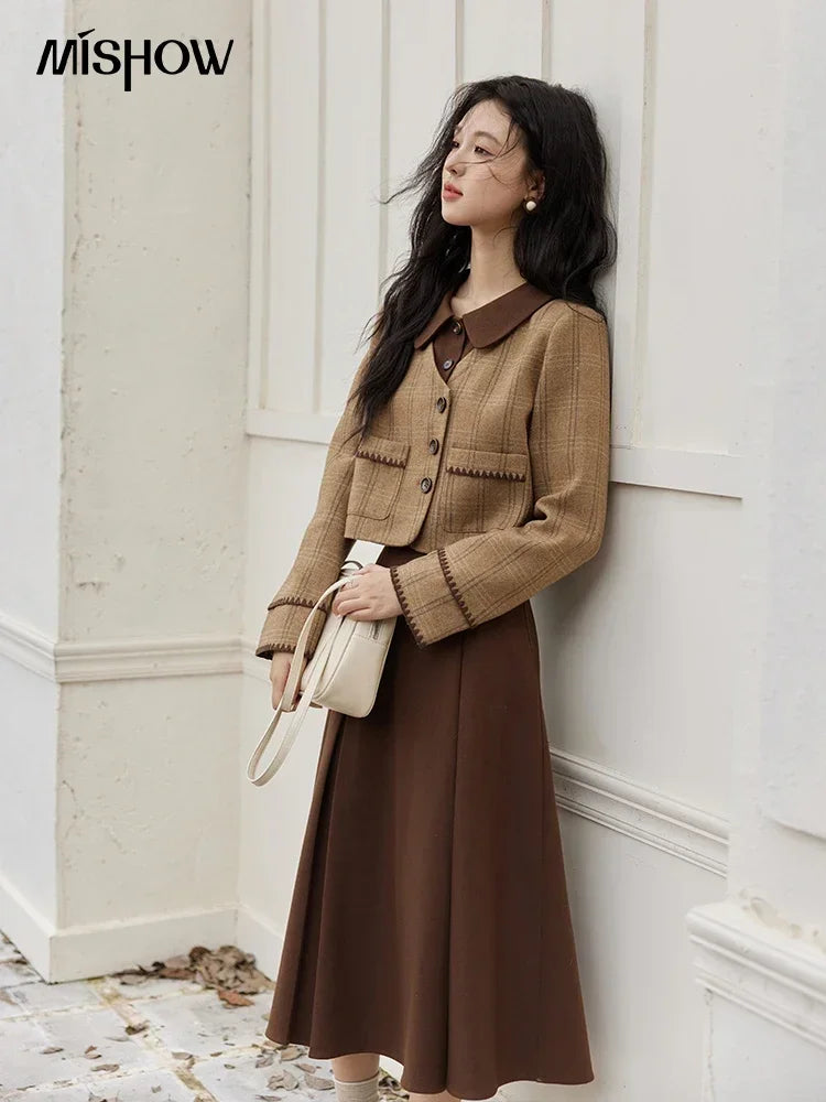 Mishow Plaid Tweed Jacket & Pleated Midi Skirt Set MXD46W0460