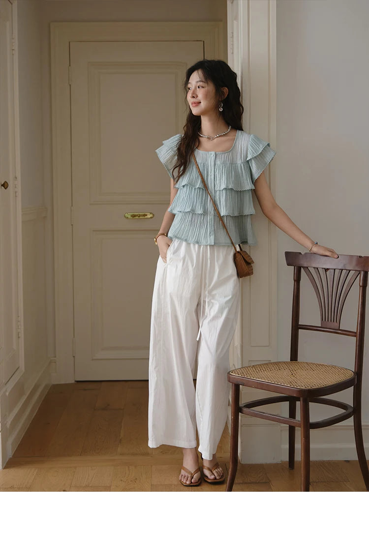 MISHOW Butterfly Sleeve Chiffon Shirt Square Neck Button MXD30X1488