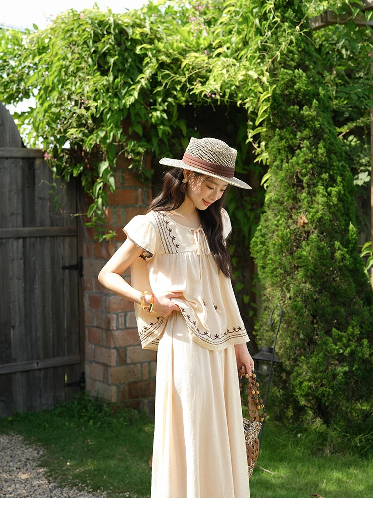 Mishow Embroidery Flying Sleeve Top & Elastic Waist Skirt Set MXE39T0667
