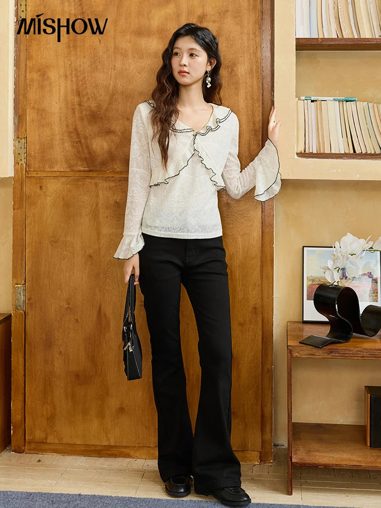 MISHOW Lace Blouse V-Neck Ruffle Edge Contrast Embroidery Flare Sleeve MXE45X2483