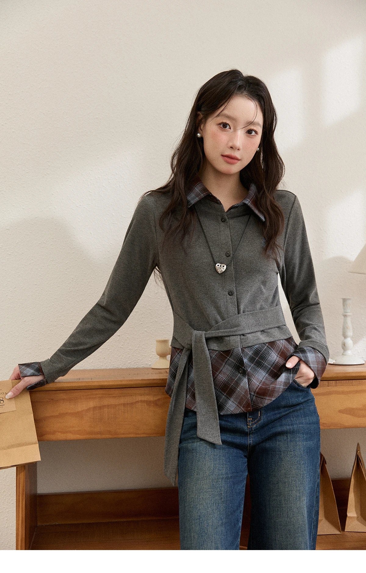 MISHOW Fake Two-Piece Plaid Shirt Lapel Waist Tie Embroidery MXE89C2421