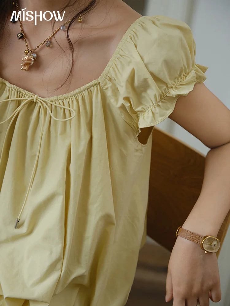 MISHOW Cotton Blouse Puff Sleeve Lace Up O-Neck MXE37X1893
