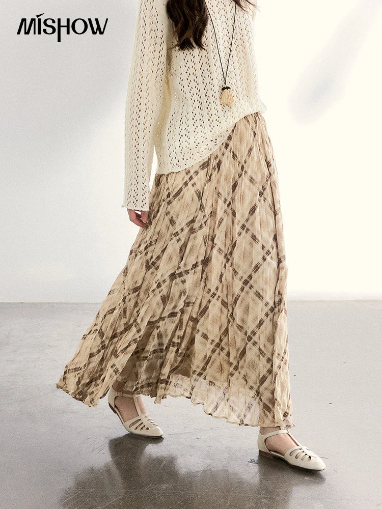 MISHOW Beige Plaid Maxi Skirt High Waist Flowy Elastic MXF108B0769