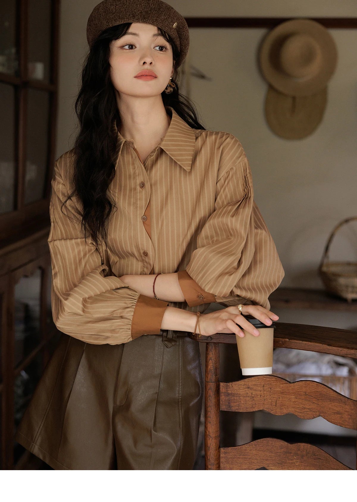MISHOW Women's Striped Casual Shirt Retro Lapel Contrasting Cuffs MXD42C0301