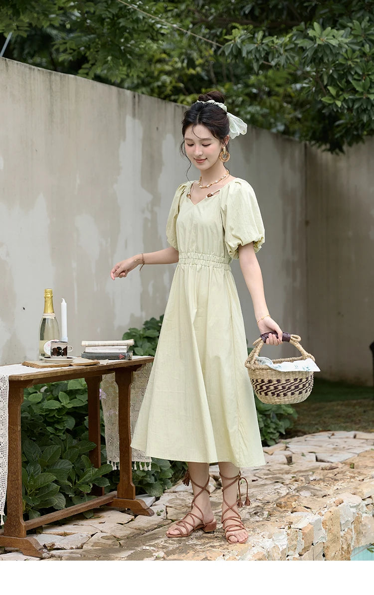 Mishow French V-Neck Bubble Sleeve Back Green Dress MXD22L1825